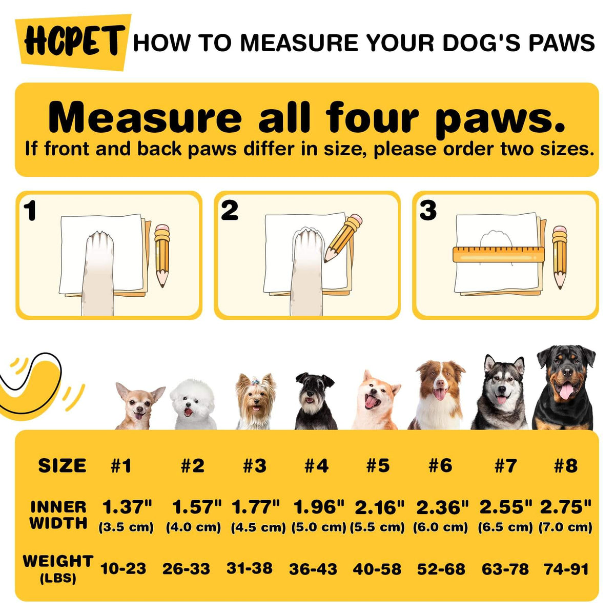 How to measure your dog's paws with size chart for dog shoes fitting.