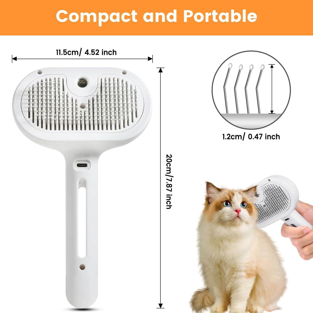 3-in-1 cat steam brush with dimensions, showcasing its compact design for easy grooming.