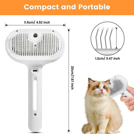 3-in-1 cat steam brush with dimensions, showcasing its compact design for easy grooming.