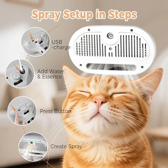 3-in-1 cat steam brush setup steps with USB charge, adding water, pressing button, and creating spray.