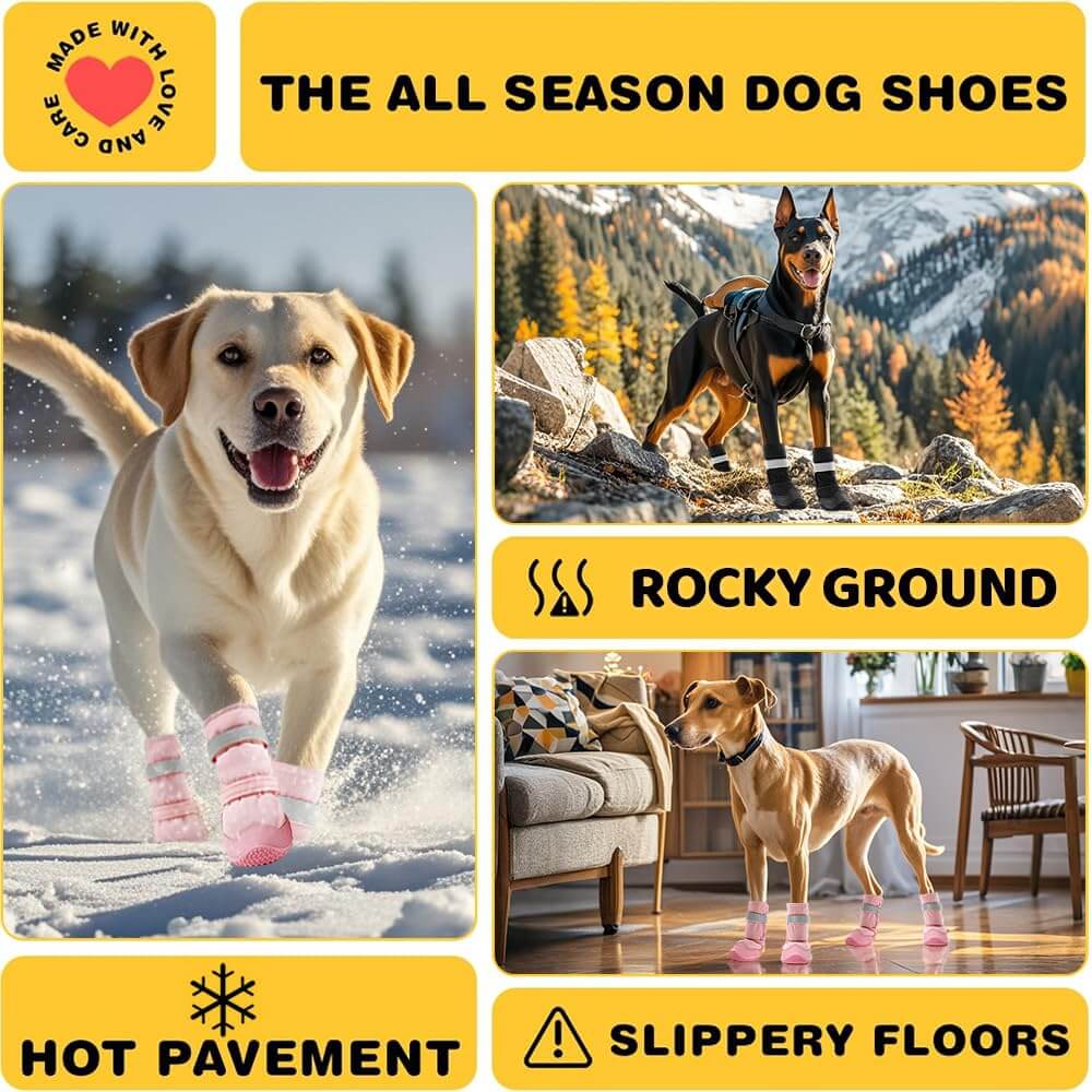 Dog shoes designed for all seasons, featuring anti-slip soles for hot pavement, rocky ground, and slippery floors.