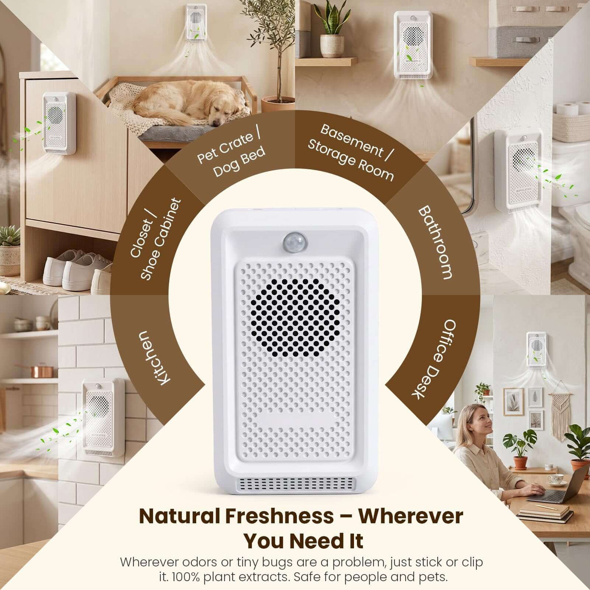 Automatic cat litter deodorizer in various home settings for effective odor control.