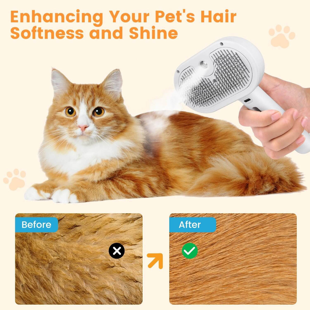 Before and after results showcasing the 3-in-1 cat steam brush enhancing pet fur softness and shine.