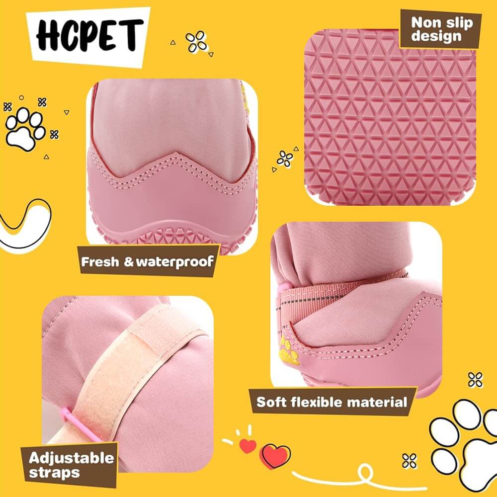 Dog shoes featuring non-slip design, fresh waterproof material, adjustable straps, and soft flexible construction for paw protection.