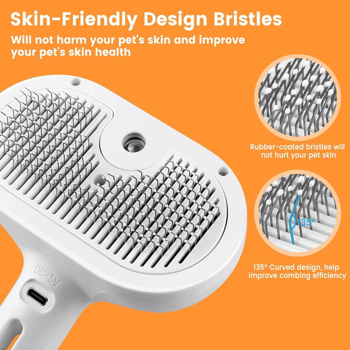 Close-up of the 3-in-1 cat steam brush highlighting skin-friendly design and rubber-coated bristles for pet safety.