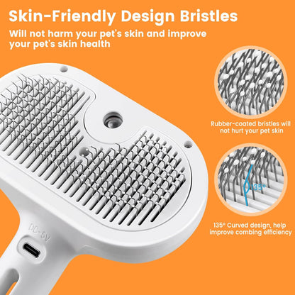 Close-up of the 3-in-1 cat steam brush highlighting skin-friendly design and rubber-coated bristles for pet safety.
