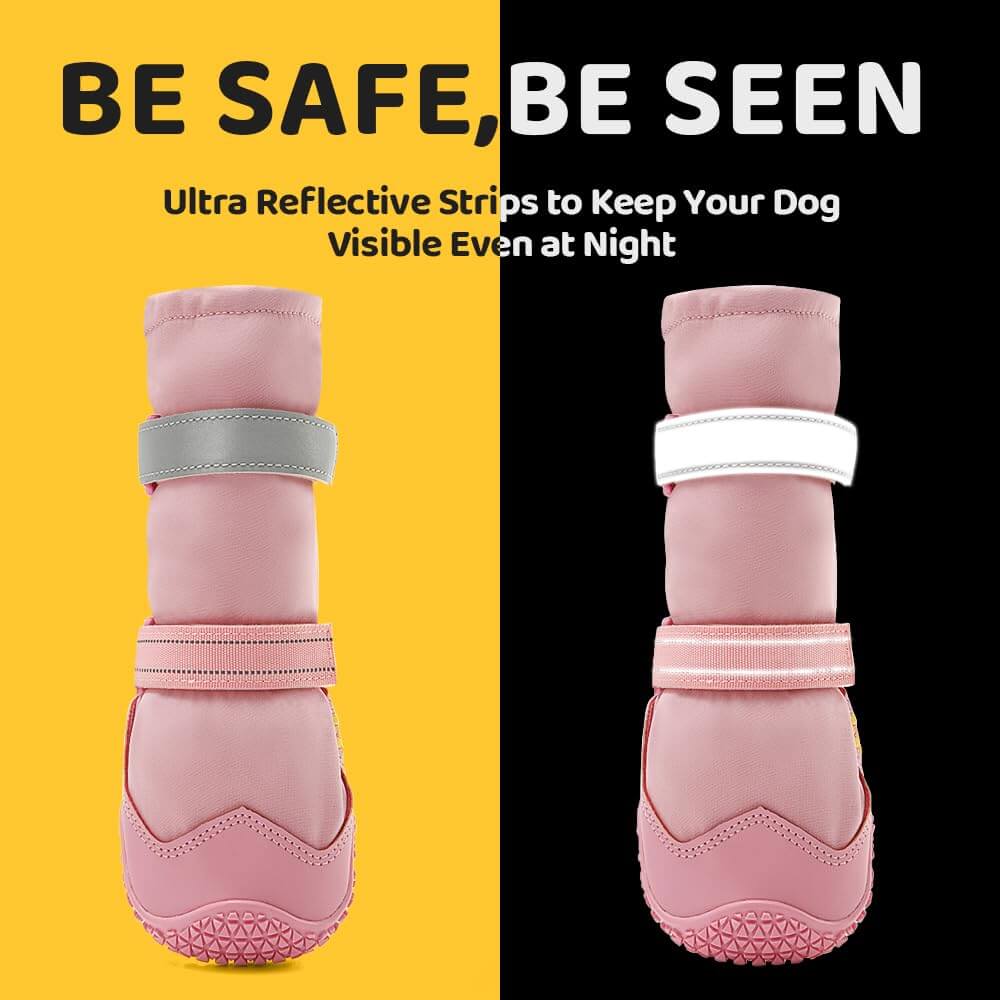 Dog shoes with reflective strips for visibility during night walks, designed for safety and comfort.