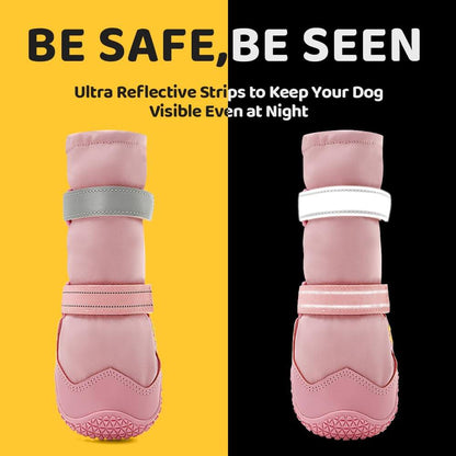 Dog shoes with reflective strips for visibility during night walks, designed for safety and comfort.