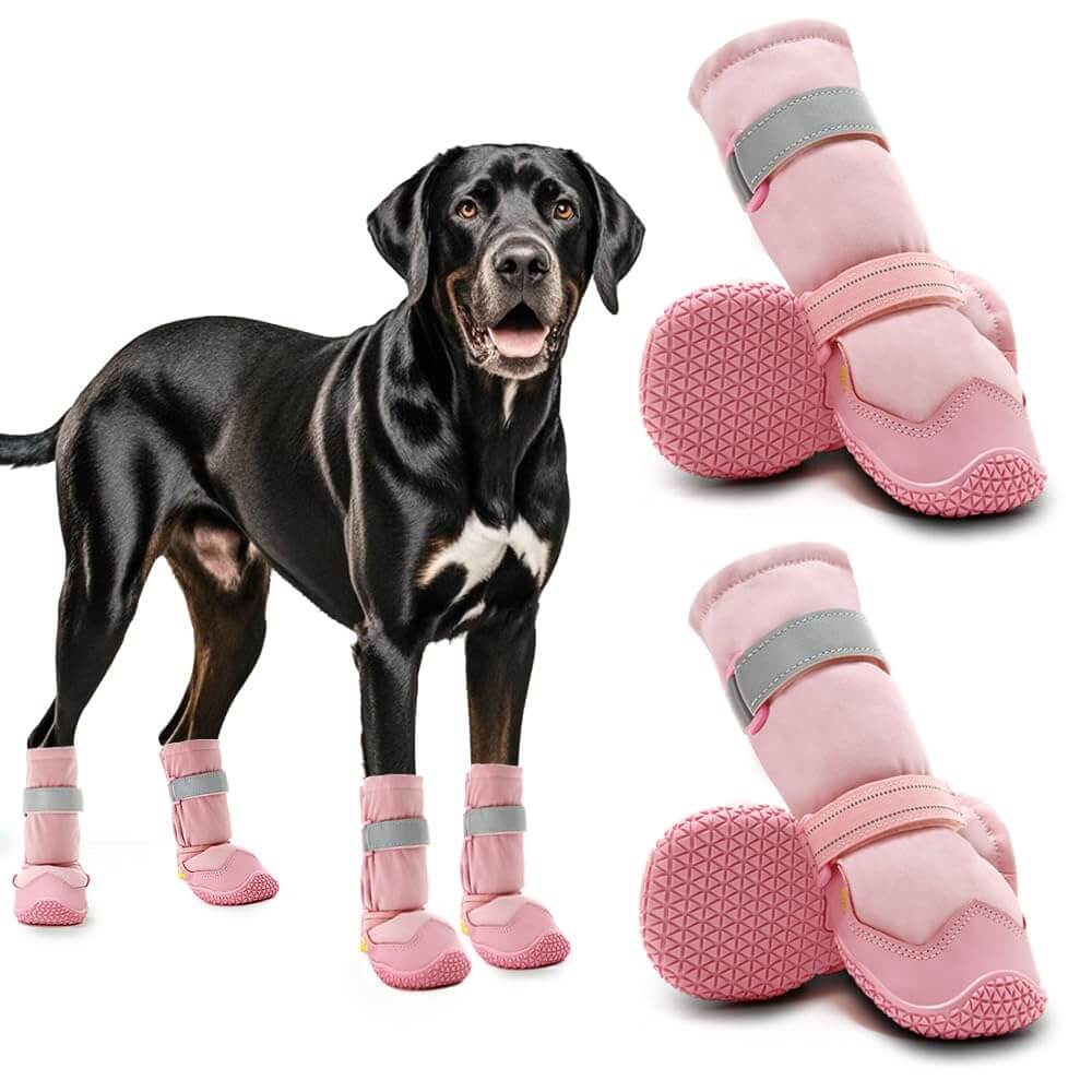 Dog shoes in pink color, featuring anti-slip sole for protection during outdoor activities.