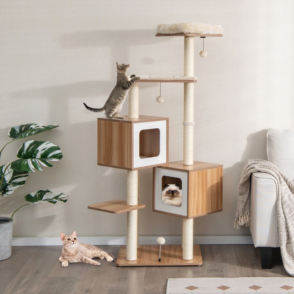 Árbol Rascador para Gatos 163 cm con 2 Condominios y Cojines Lavables