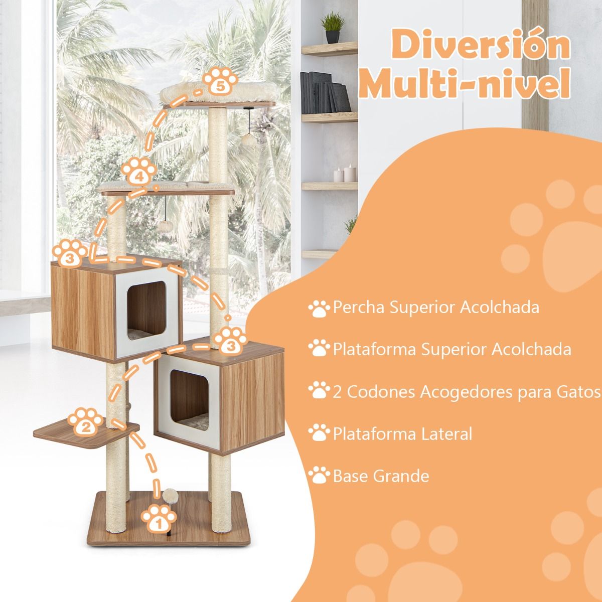 Árbol Rascador para Gatos 163 cm con 2 Condominios y Cojines Lavables