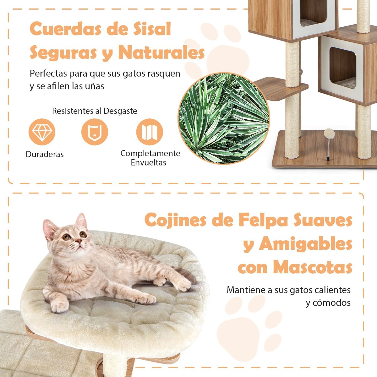 Árbol Rascador para Gatos 163 cm con 2 Condominios y Cojines Lavables