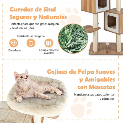 Árbol Rascador para Gatos 163 cm con 2 Condominios y Cojines Lavables