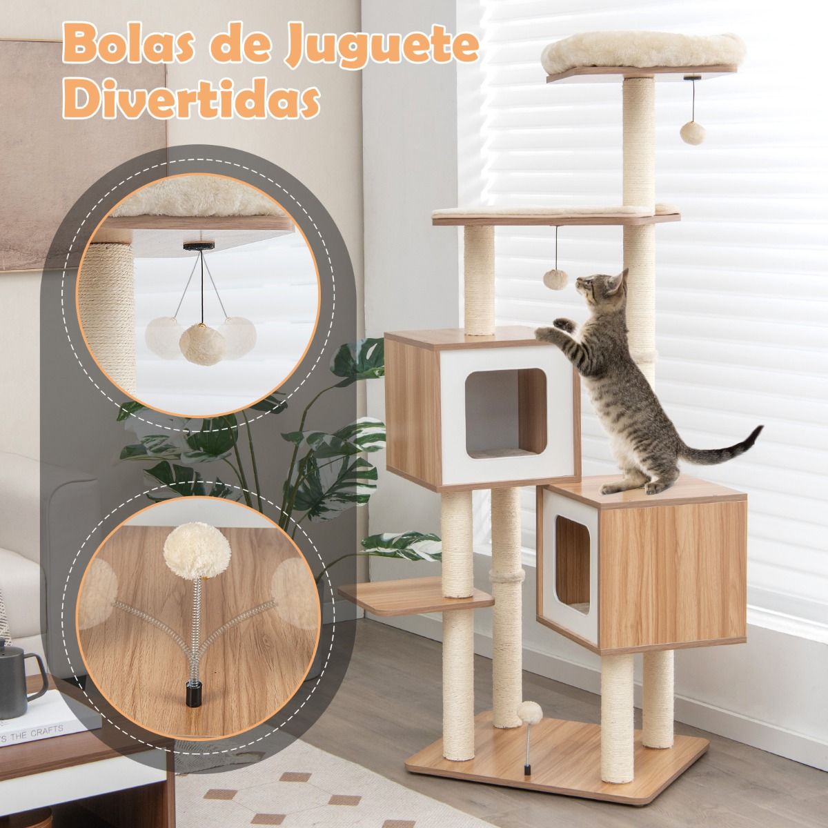 Árbol Rascador para Gatos 163 cm con 2 Condominios y Cojines Lavables