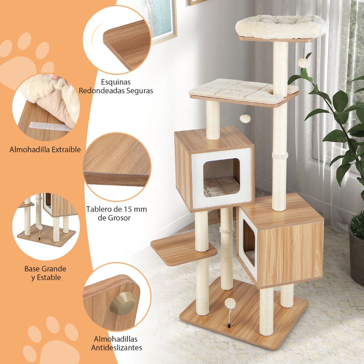 Árbol Rascador para Gatos 163 cm con 2 Condominios y Cojines Lavables