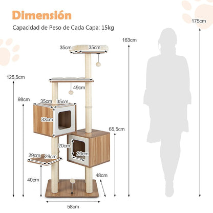 Árbol Rascador para Gatos 163 cm con 2 Condominios y Cojines Lavables