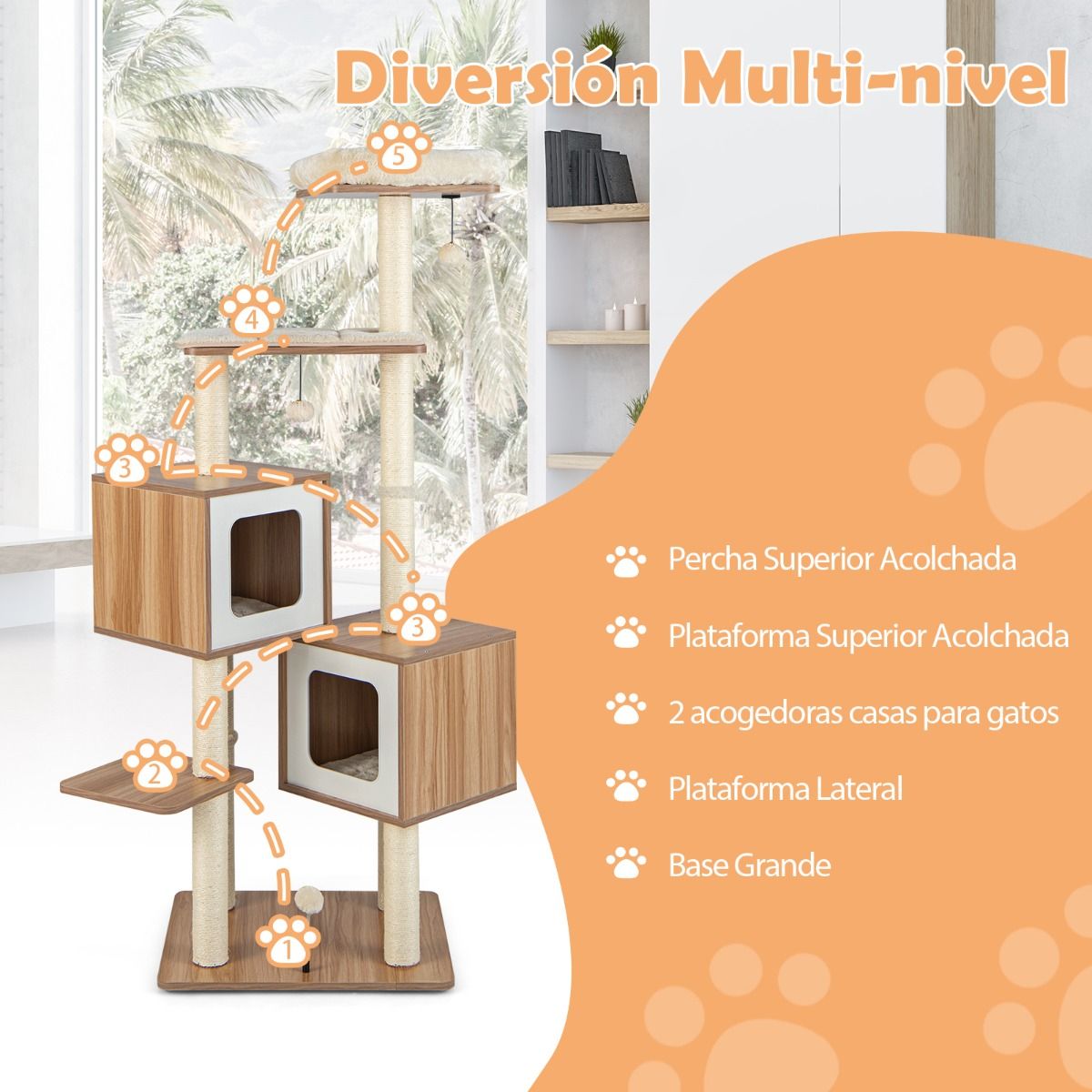 Árbol Rascador para Gatos 163 cm con 2 Condominios y Cojines Lavables